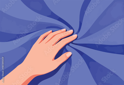 A hand, in a soft skin tone, gently rests on a vibrant blue abstract background with radiating lines