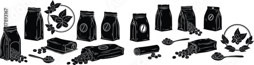 Various vector illustrations depicting coffee bean packaging bags, rolls, and loose roasted beans with plant elements