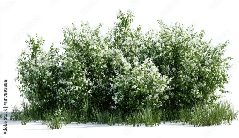 Obraz premium A lush, green shrub with abundant white flowers growing amidst tall grass on a bright, clear day