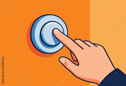 An illustration shows a finger pressing a stylized button against an orange surface with a color scheme of blues and oranges