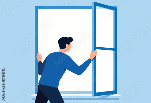 An illustration shows a person opening a window. It's a simple graphic design with bold colors and clean lines