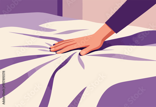 A hand, from the elbow down, gently touches a bed sheet, with abstract purple shapes