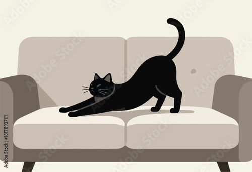Minimalist illustration of a black cat stretching on a neutral-toned sofa, with a slight blemish on the cushion