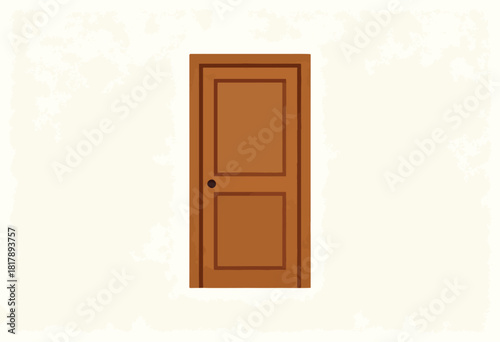 A simple illustration of a closed, brown wooden door with a dark knob against an off-white, textured background