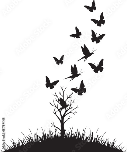 Black silhouette of tree grass and flying butterflies