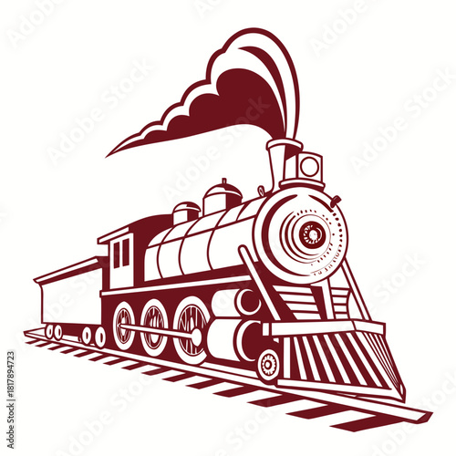Vintage steam locomotive illustration with smoke, representing historical railway travel and transport, an old train isolated on