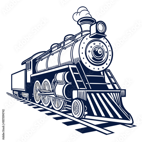A classic vintage steam train locomotive, an oldfashioned railway engine with smoke billowing, travels on tracks, isolated on