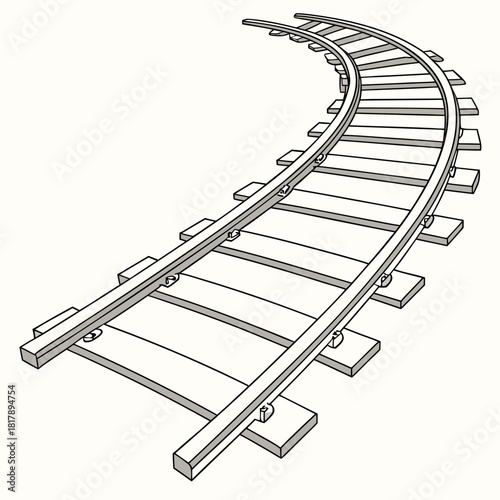 Black and white line drawing of a curved train track, showing a railway bend with sleepers and rails, in perspective, isolated on