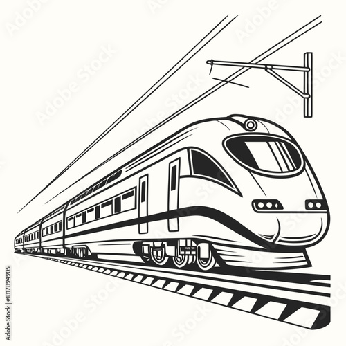 Sleek modern highspeed passenger train traveling on railway tracks, depicted in a dynamic line art illustration, isolated on