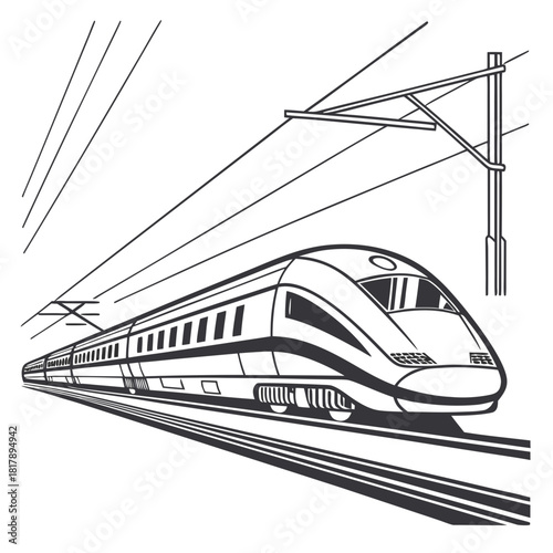 Line art drawing of a highspeed train on railway tracks with overhead power lines, symbolizing modern and fast transport, isolated on