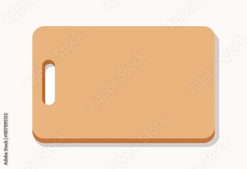 A rectangular, tan-colored cutting board with a cutout handle, set against a white background with a shadow