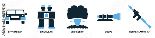 Set Military Icon Vector Ideal for applications, games, or graphic design projects related to armed forces, defense, conflict, and specialized equipment.