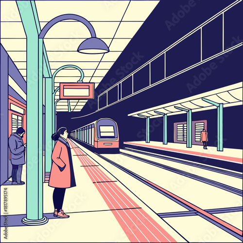 Stylized illustration of a woman in a red coat waiting on a subway platform as a train approaches, depicting urban public transportation and daily commute