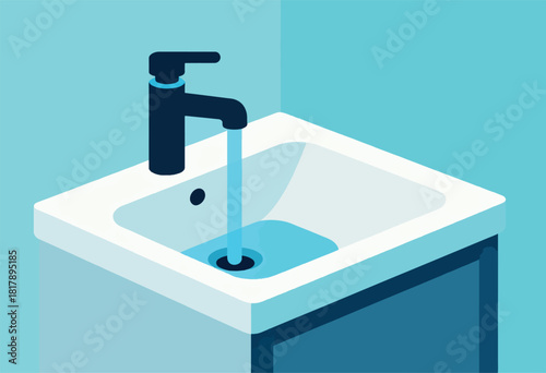 Minimalist illustration of a bathroom sink with a flowing faucet against a gradient blue backdrop