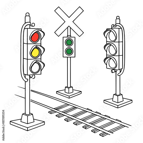 Railroad crossing illustration with traffic signals, a crossbuck warning sign, and train tracks, highlighting safety and transportation infrastructure