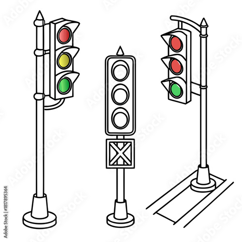 Three distinct traffic light designs, including illuminated and unlit signals, presented in a clean line art illustration style, isolated on