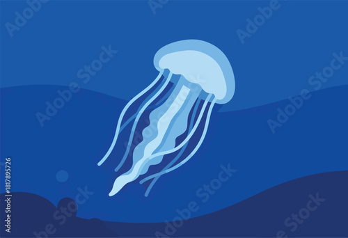 A stylized illustration depicts a jellyfish descending in a deep blue ocean, with simple shapes and colors