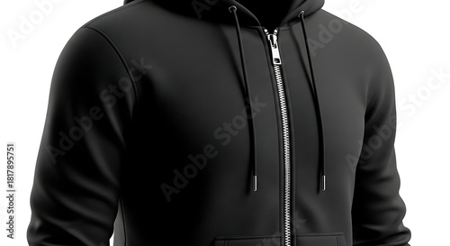 modern zip hoodie mockup, metallic zipper details, realistic fabric folds and textures, standing upright with a clean white background, high-definition lighting with shadows enhancing fabric details--