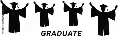 Celebrating graduates vector silhouette set with hands raised high in caps and gowns, symbolizing achievement, success, and freedom.