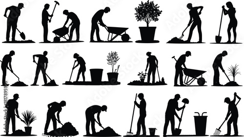 Extensive set of construction workers, farmers, and gardeners vector silhouettes using tools like shovels, rakes, and wheelbarrows for hard labor.