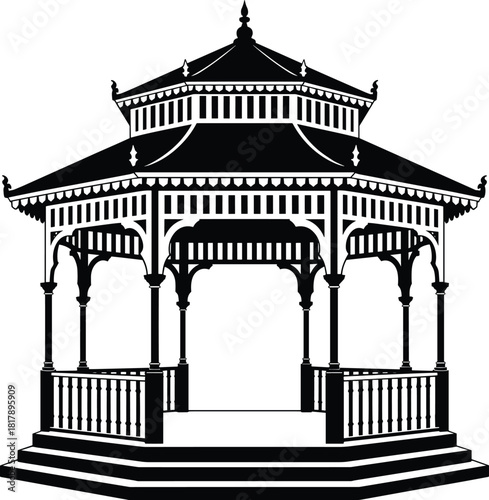 Elegant Victorian black and white silhouette vector illustration of a classic ornate bandstand, park gazebo, or garden pavilion architecture.