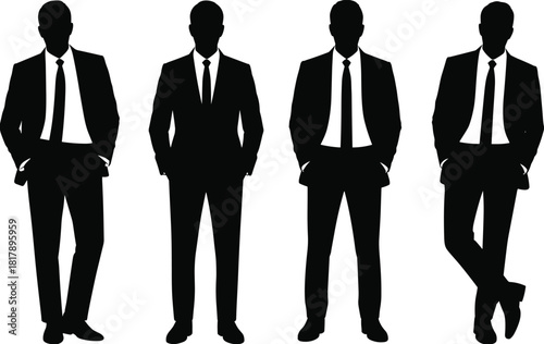 Four confident businessmen vector silhouettes standing in suits and ties, symbolizing professionalism, 