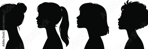 Four diverse female face profile vector silhouettes with different hairstyles, representing beauty, identity, and various women's faces.