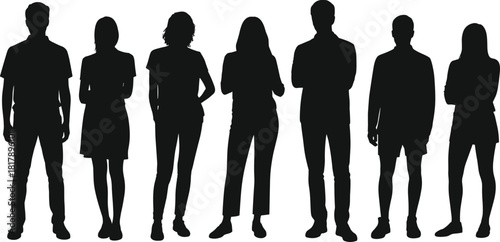 Group of seven diverse young people vector silhouettes standing together with casual poses, representing team, community, and generation Z.