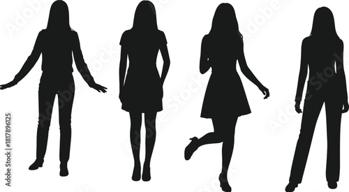 Four young women fashion model vector silhouettes posing in various casual and dress outfits, perfect for style and lifestyle content.