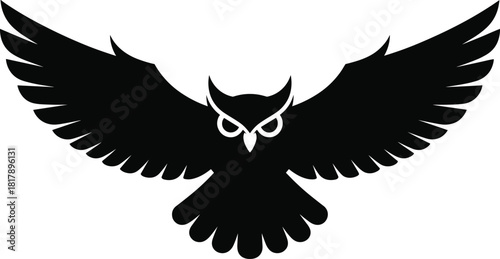 Intense flying owl vector silhouette graphic with spread wings, representing a powerful symbol of knowledge, guardianship, and nocturnal hunting.