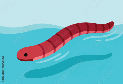 A stylized cartoon illustration of a red earthworm floating in bright blue water with a long shadow