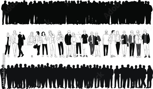 Massive diverse crowd of people standing silhouette and line art vector set, representing large population, gathering, and social issues.