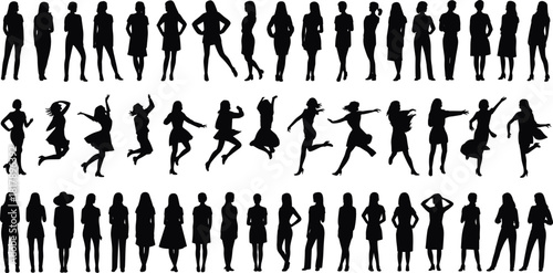 Set of diverse women vector silhouettes featuring standing, dancing, and jumping poses, perfect for fashion and lifestyle concepts.