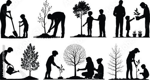 Set of people and children vector silhouettes planting, watering, and caring for trees, symbolizing nature, environment, and growth.