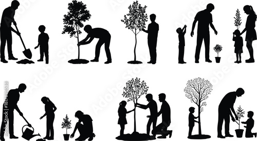 Set of people and children vector silhouettes planting, watering, and nurturing trees, symbolizing environmental conservation, growth, and earth day.