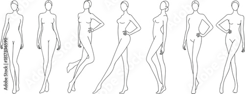 Set of seven dynamic fashion croquis vector templates of female models in active poses for apparel technical drawings and illustrations.