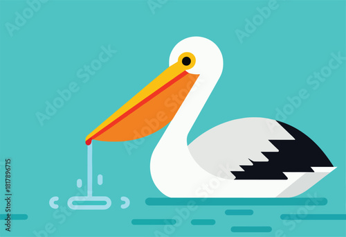 Stylized illustration of a pelican in turquoise water, with a dripping beak. Minimalist design
