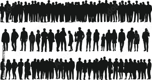 Set of three diverse rows of people vector silhouettes, representing a large crowd, public gathering, community, and social interaction concept.