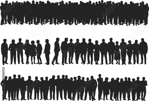 Set of three massive diverse crowd of people vector silhouettes, representing large population, public gathering, community, and social groups.