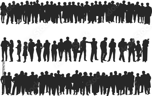 Set of three diverse horizontal rows of people vector silhouettes, representing a large crowd, public gathering, community, and social groups.