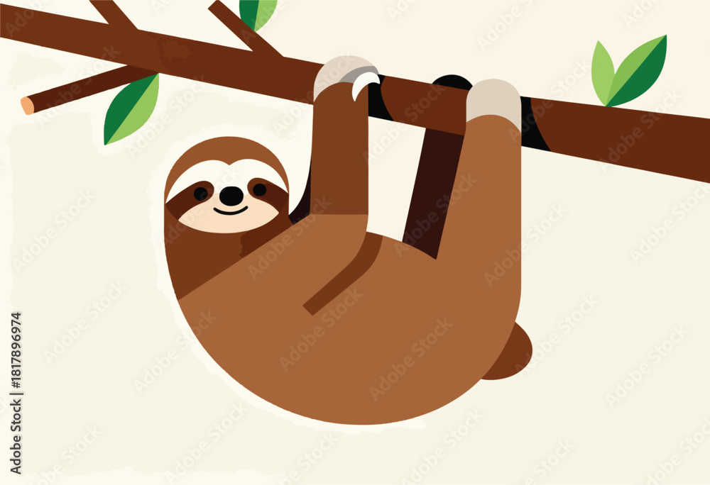 Fototapeta premium A cartoon sloth hangs from a branch with green leaves, simple shapes and a minimalist design