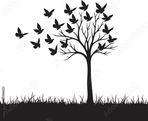 Black silhouette tree with birds flying away and grass