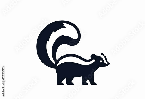 A minimalist illustration of a skunk. Black and white, the animal is in profile with its tail curved up and around