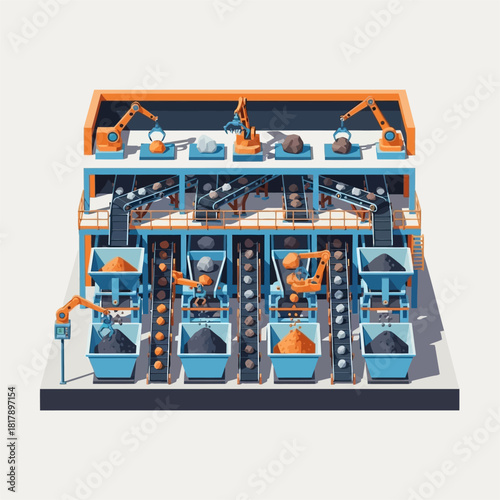 Automated Industrial Production Line with Robotic Arms and Conveyor Belts.