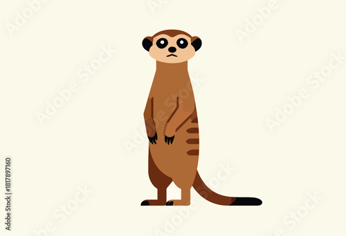 A stylized cartoon meerkat stands tall on its hind legs, looking directly ahead against a cream background
