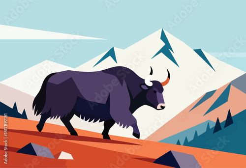 A stylized illustration features a yak trekking across a vibrant landscape of layered mountains and terrain