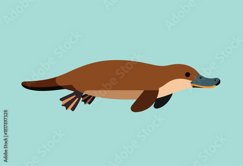 A stylized illustration of a platypus in a flat design, floating in a calming, light blue background