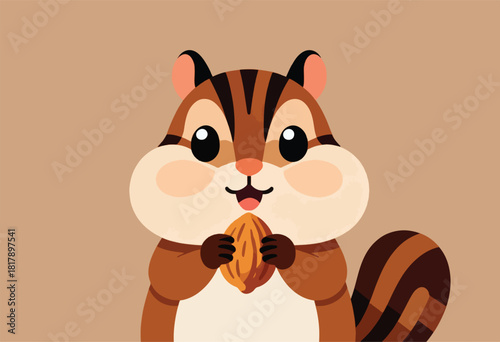 An illustrated chipmunk holding a nut, depicted in a simple, flat design with warm tones