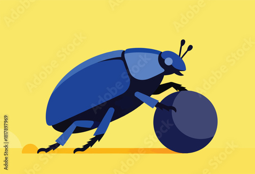 A stylized blue beetle pushes a large sphere across a yellow plain. Simple shapes and colors compose the image