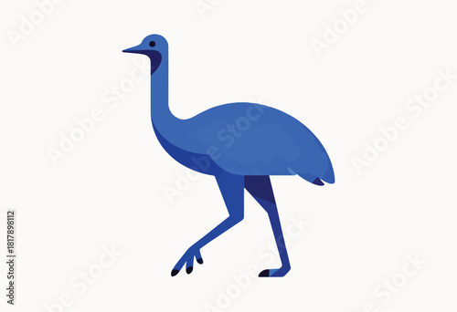 An illustration shows a blue flightless bird in profile, depicted in a minimalist, geometric style